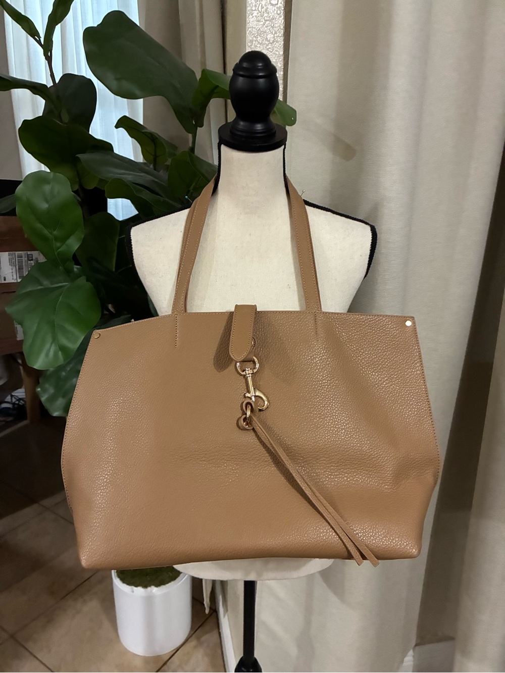 Tan Leather Tote Bag with Tassel Detail